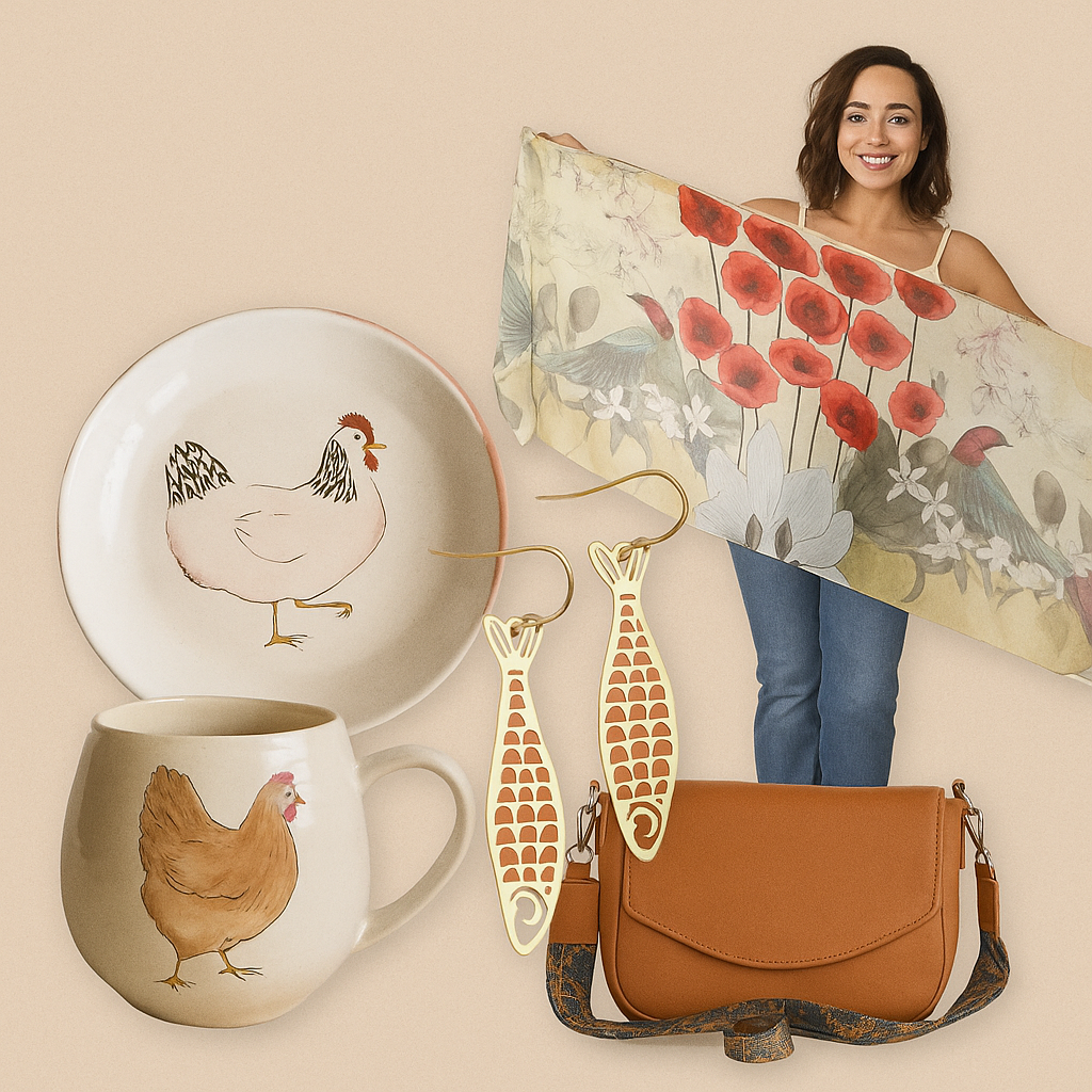 A smiling woman holds a floral scarf. In front are a plate and mug with chicken illustrations, gold fish-shaped earrings, and a brown handbag with a patterned strap.
