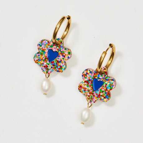 Martha Jean Heart Flower + Pearl Earrings - Rainbow