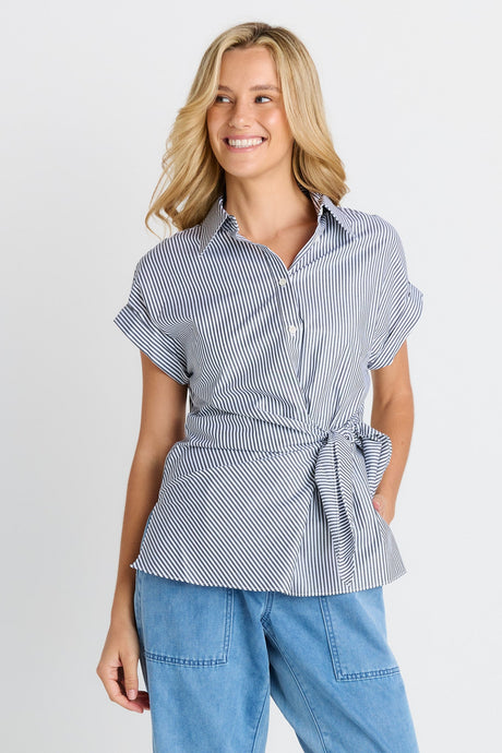Betty Basics Scout Tie Shirt in black and white stripe - front view