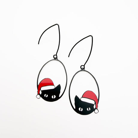Denz Christmas Cat Earrings - Black & Red