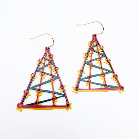 Denz Christmas Tree Dangle Earrings - Green, Pink & Yellow