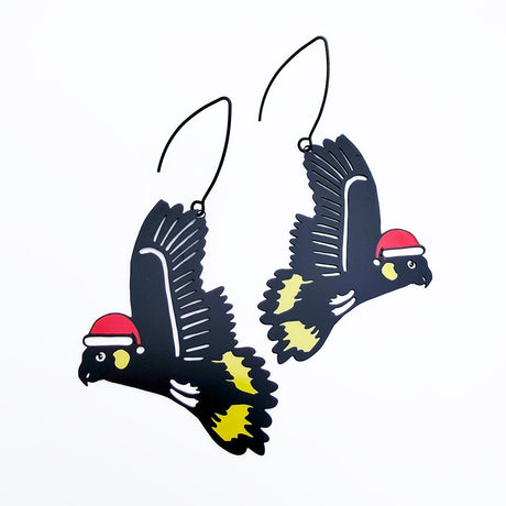 Denz Christmas Yellow Tail Black Cockatoo Earrings