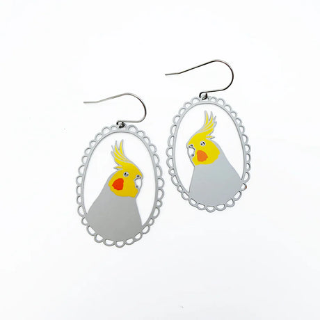 Denz Earrings - Cockatiel - Grey, Yellow & Orange
