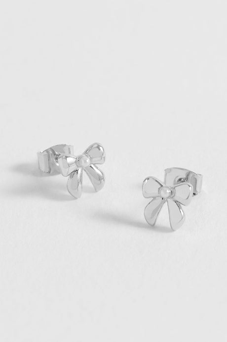 Pearl Bow Stud Earrings Silver Plated