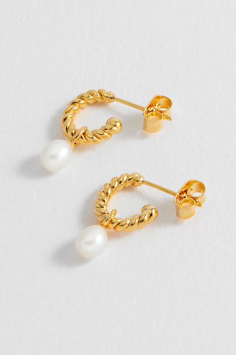 Pearl Drop and Twist Hoop Earrings Gold Plated