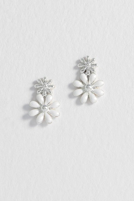 White Enamel Double Flower Studs Silver Plated