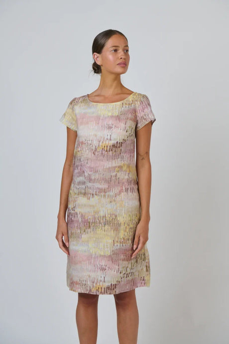 Naturals by O&J GA237 linen dress in Jardin print, front view