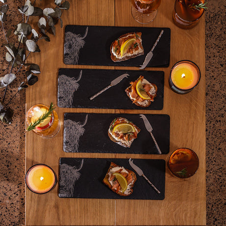 Slate Cheese Board and Knives Set of Four - Highland Cow