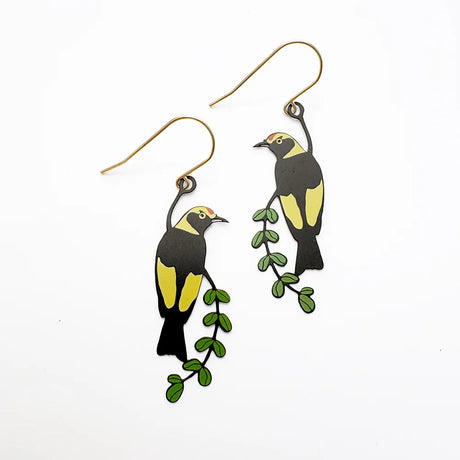 Denz Earrings - Regent Bowerbird - Black, Yellow & Green