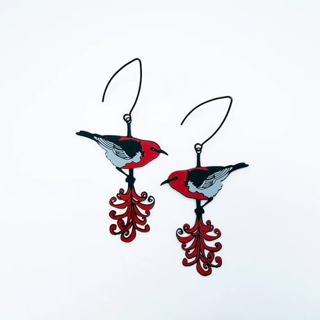 Denz Earrings - Scarlet Honeyeater - Black, Grey & Red