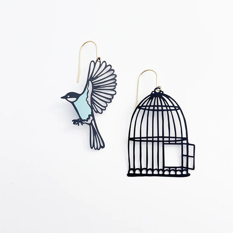 Denz Earrings Bird and Cage Blk & Duckegg