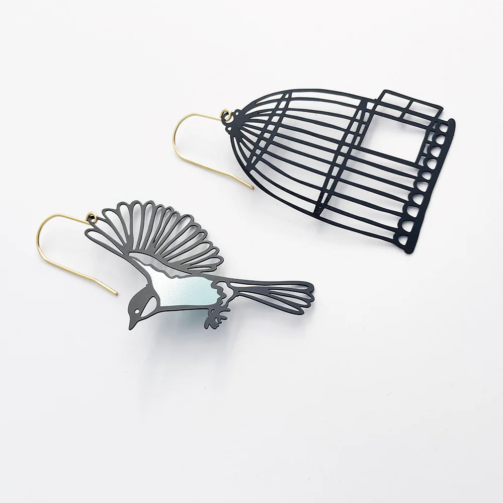 Denz Earrings Bird and Cage Blk & Duckegg