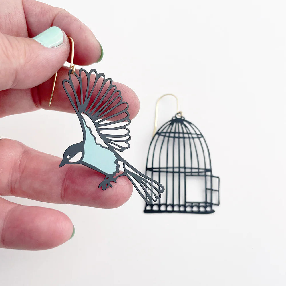 Denz Earrings Bird and Cage Blk & Duckegg
