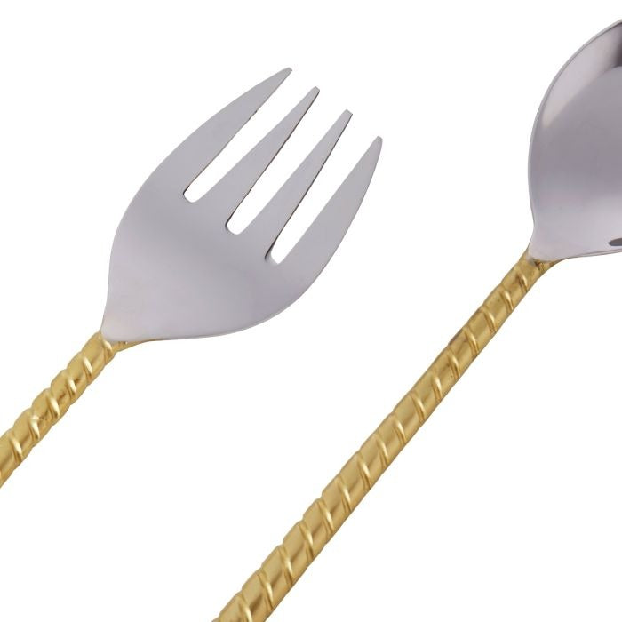 A close-up of the IsAlbi Twisted Gold Handle Salad Servers S/2, featuring silver heads and twisted-gold handles, displayed on a white background.