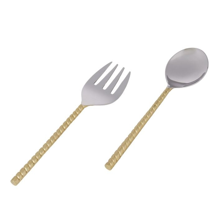 The IsAlbi Twisted Gold Handle Salad Servers S/2, featuring stainless-steel spoon and fork with elegant twisted gold handles, are displayed side by side on a white background.