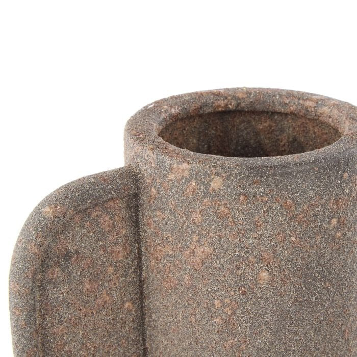 Close-up of the IsAlbi Pascal Vase (22.5x20x32cm), featuring a textured, speckled brown cylindrical form with a flat, rounded protrusion and open top—ideal for coastal décor with its minimalist modern design.
