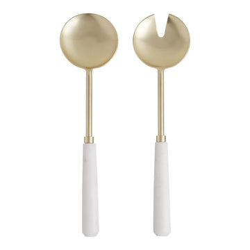 The IsAlbi Marble and Stainless Salad Servers S/2 feature gold round, flat heads—one solid, one forked—and sleek white handles, offering a modern touch to elevate your salad server collection.