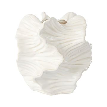 The Opus Vase by IsAlbi (21x21x21cm) features a matte white stoneware finish with a wavy, textured surface resembling layered petals—an elegant piece to bring coastal charm to your decor.