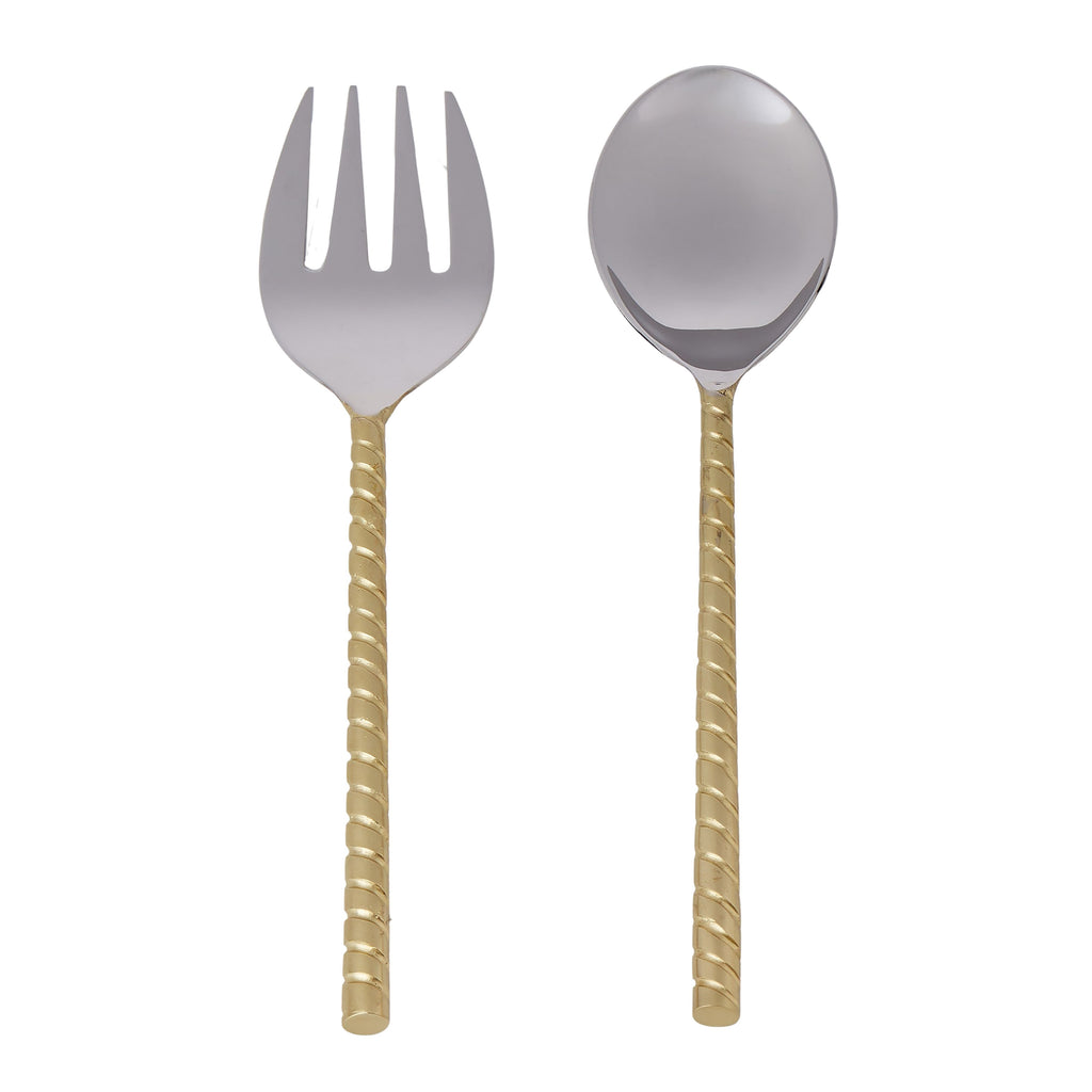 The IsAlbi Twisted Gold Handle Salad Servers S/2 features two forks with shiny silver heads and twisted-gold handles, elegantly arranged with a stainless-steel spoon against a white background.