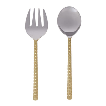 The IsAlbi Twisted Gold Handle Salad Servers S/2 features two forks with shiny silver heads and twisted-gold handles, elegantly arranged with a stainless-steel spoon against a white background.