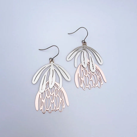 Denz Protea Flower Dangle Earrings S/RG
