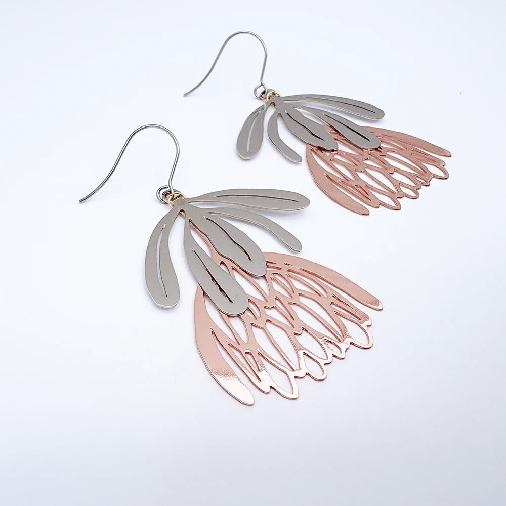 Denz Protea Flower Dangle Earrings S/RG