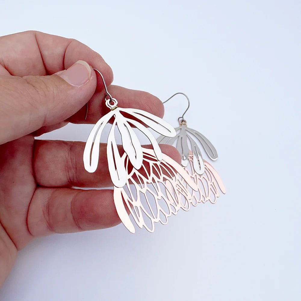Denz Protea Flower Dangle Earrings S/RG